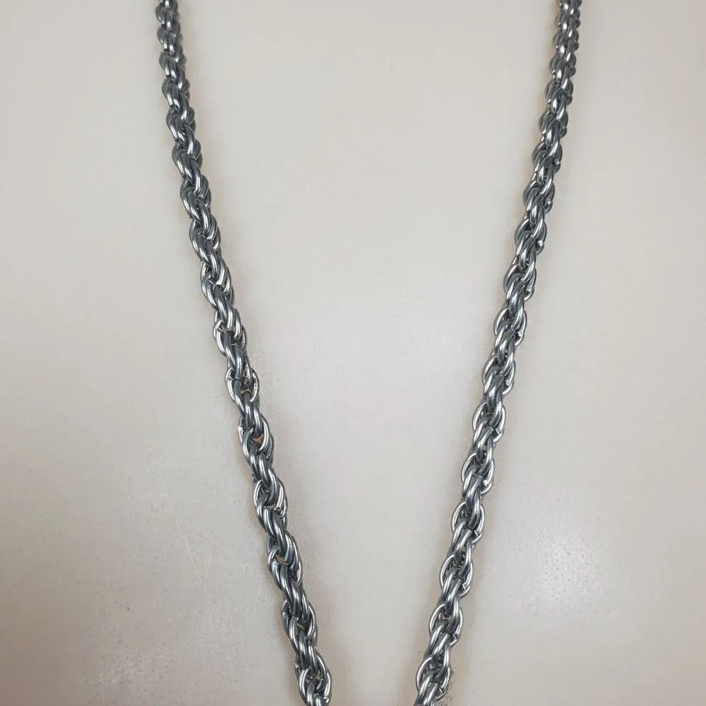 Vintage Silver Tone Rope Chain Box Tassel Round Clear Ball Lariat Opera Necklace